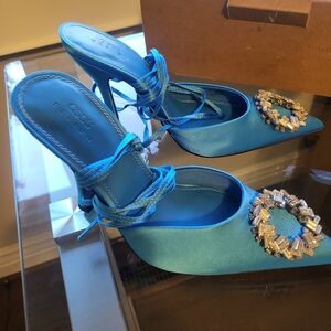 Blue satin strappy heels